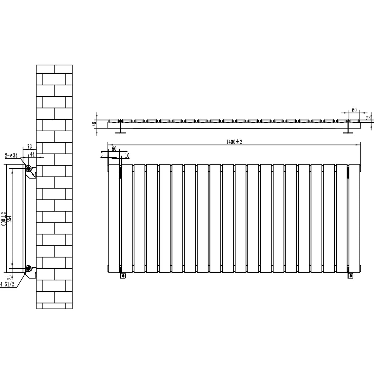 Flat single column radiator in white, measuring 600 x 1400mm, featuring a sleek design with vertical fins and wall-mounting options