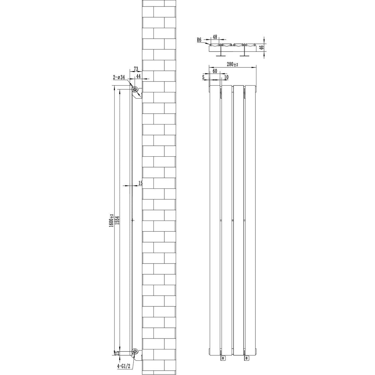 Flat single column radiator in anthracite grey, measuring 1600 x 280mm, featuring a sleek, modern design with vertical lines and a smooth finish