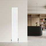 Flat single column radiator in sleek white finish, 1600 x 280mm, featuring a modern design against a minimalist interior backdrop