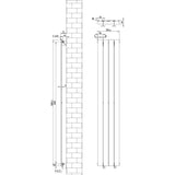 Flat single column radiator in sleek black, measuring 1600 x 280mm, featuring a minimalist design with vertical lines and wall-mounting details