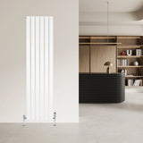Sleek white flat single column radiator, 1600 x 420mm, featuring vertical stripes, mounted against a modern interior wall
