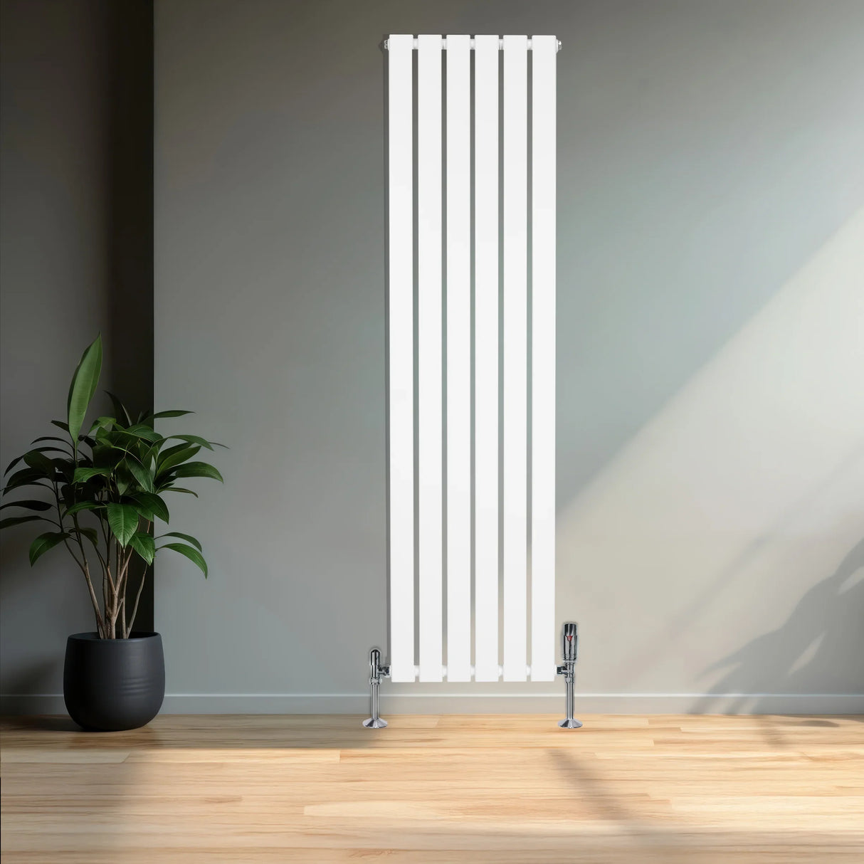 Flat white single column radiator, 1600 x 420mm, sleek vertical design with chrome valves, set against a modern interior backdrop