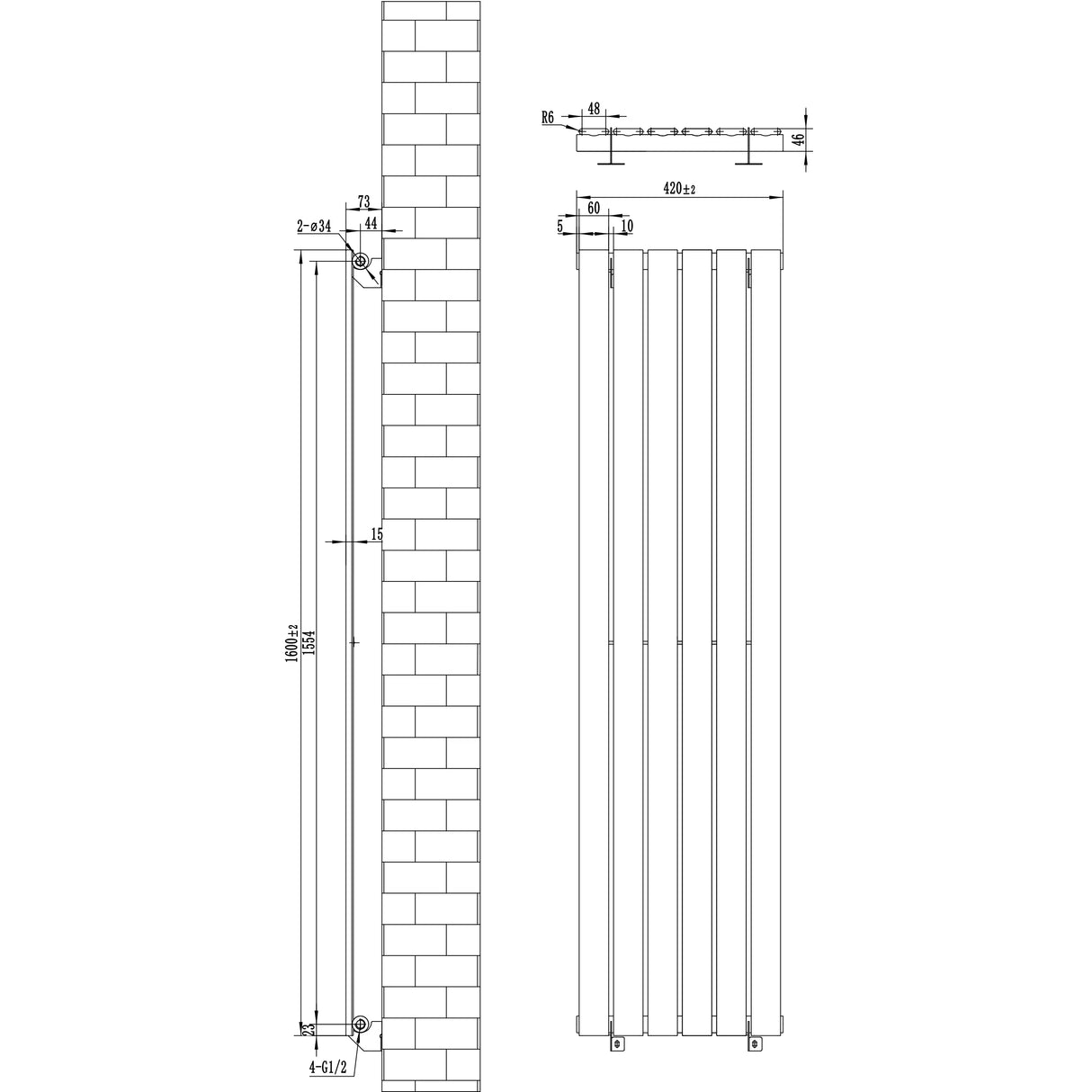 Flat single column radiator in white, measuring 1600 x 420mm, featuring a sleek design with vertical lines and a smooth finish