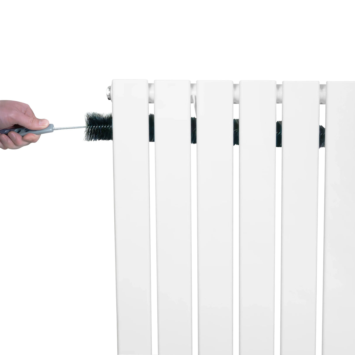 Flat single column radiator in white, featuring sleek vertical panels and a hand using a brush for cleaning maintenance