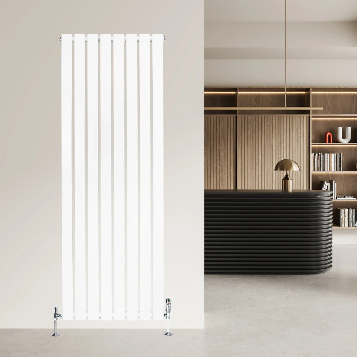 Sleek white flat single column radiator, 1600 x 560mm, featuring vertical bars and a modern design, installed against a neutral wall