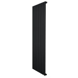 Flat single column radiator in sleek black finish, measuring 1600 x 560mm, featuring vertical slats for modern heating design