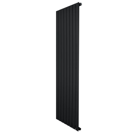 Flat single column radiator in sleek black finish, measuring 1600 x 560mm, featuring vertical slats for modern heating design
