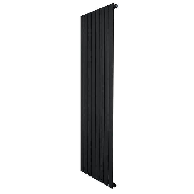 Flat single column radiator in sleek black finish, measuring 1600 x 560mm, featuring vertical slats for modern heating design