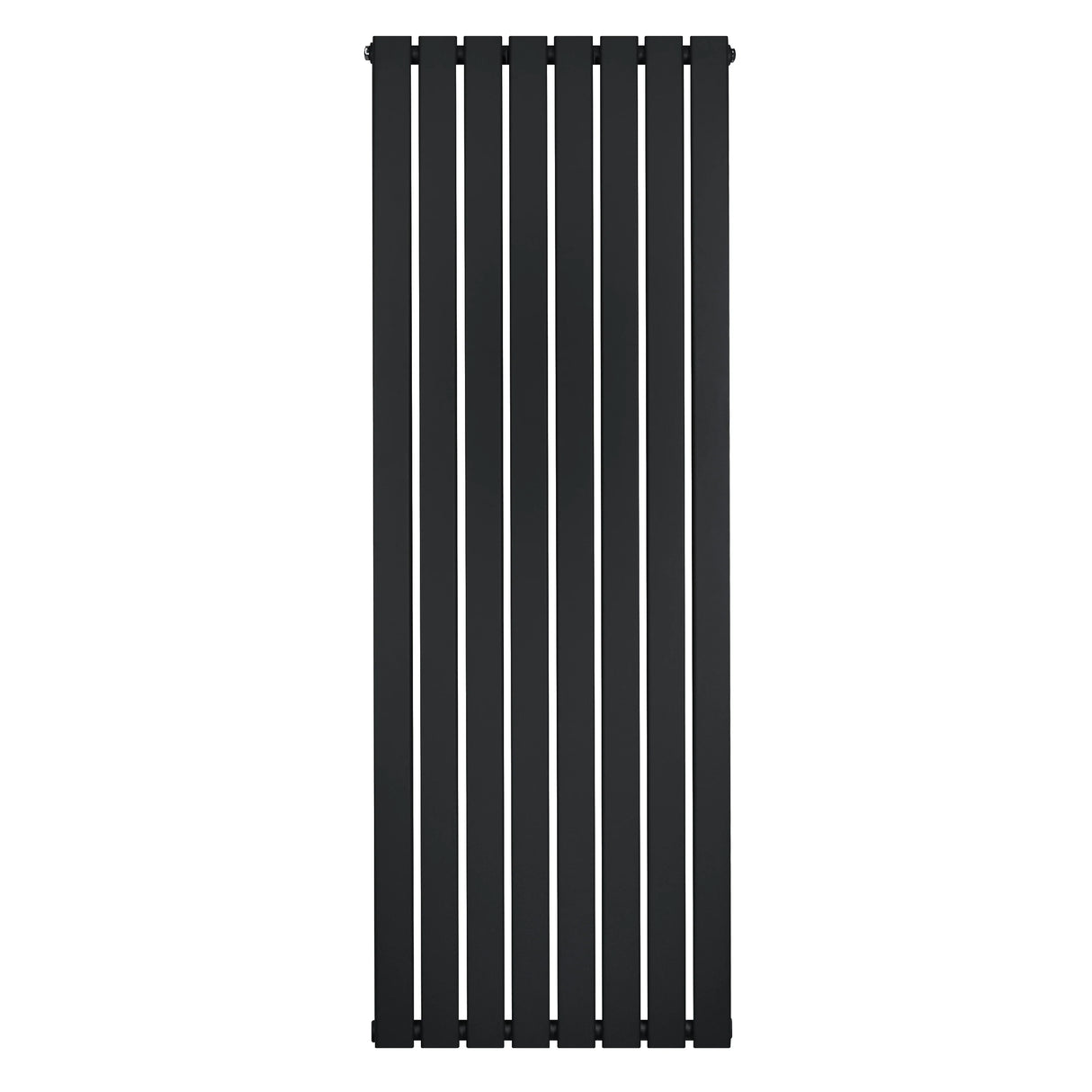 Flat single column radiator in sleek black finish, measuring 1600 x 560mm, featuring vertical slats for modern heating design