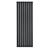 Flat single column radiator in sleek black finish, measuring 1600 x 560mm, featuring vertical slats for modern heating design