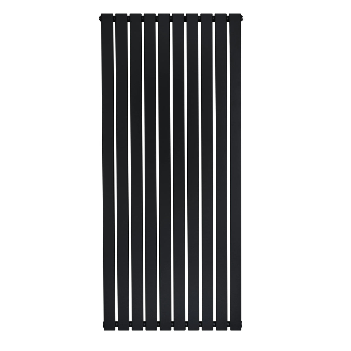 Flat single column radiator in sleek black finish, measuring 1600 x 700mm, featuring vertical slats for modern decor integration
