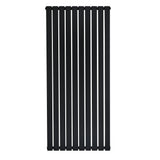 Flat single column radiator in sleek black finish, measuring 1600 x 700mm, featuring vertical slats for modern decor integration