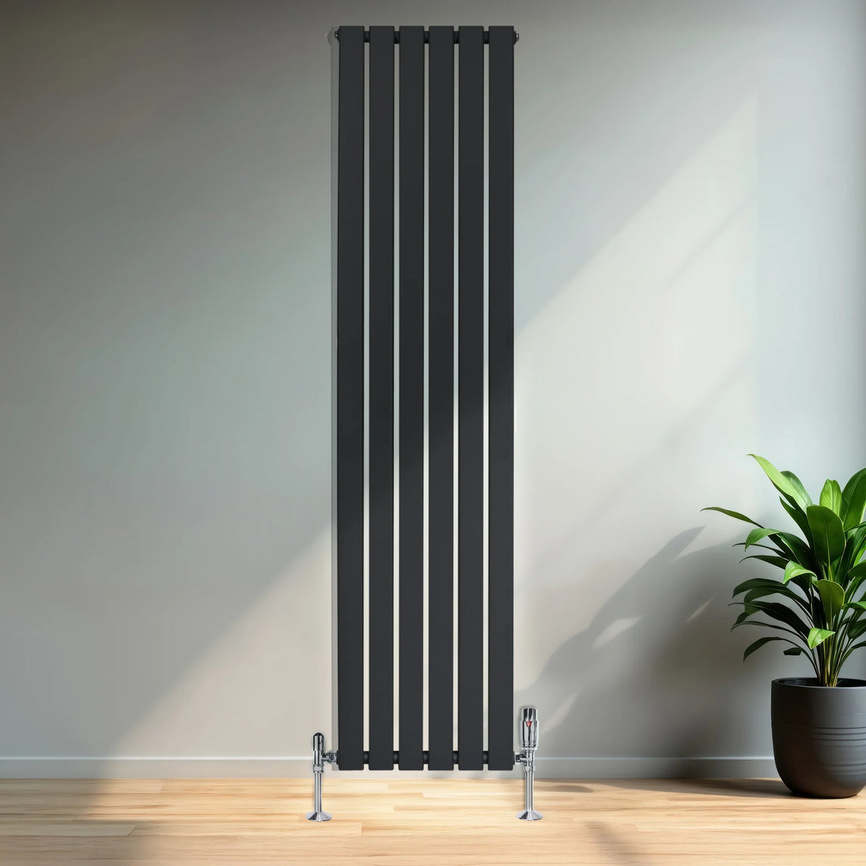 Flat single column radiator in anthracite grey, 1800 x 420mm, featuring a sleek vertical design and modern finish against a minimalist backdrop