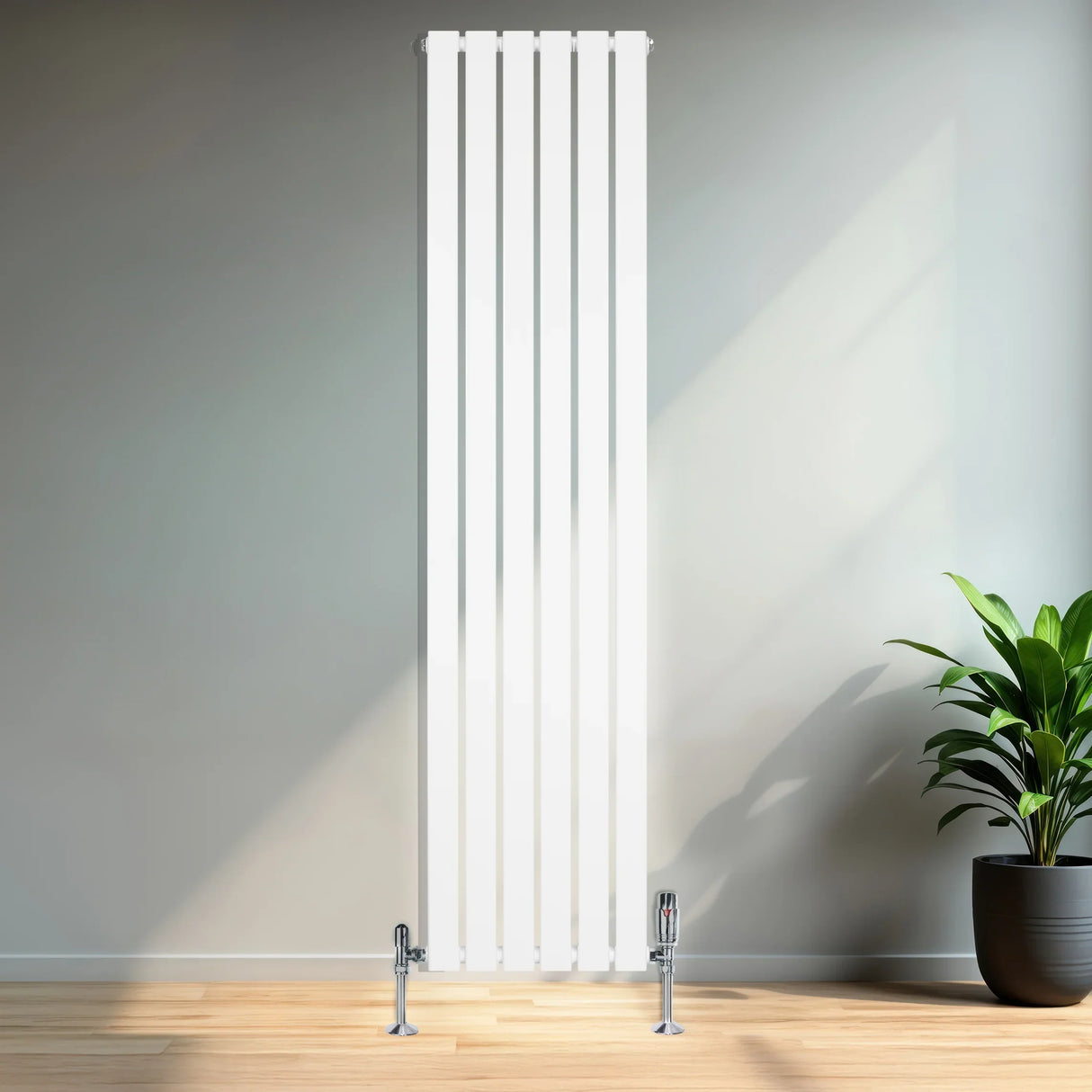 Flat single column radiator in sleek white finish, 1800 x 420mm, featuring vertical bars and modern design, set against a minimalist interior