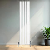 Flat single column radiator in sleek white finish, 1800 x 420mm, featuring vertical bars and modern design, set against a minimalist interior