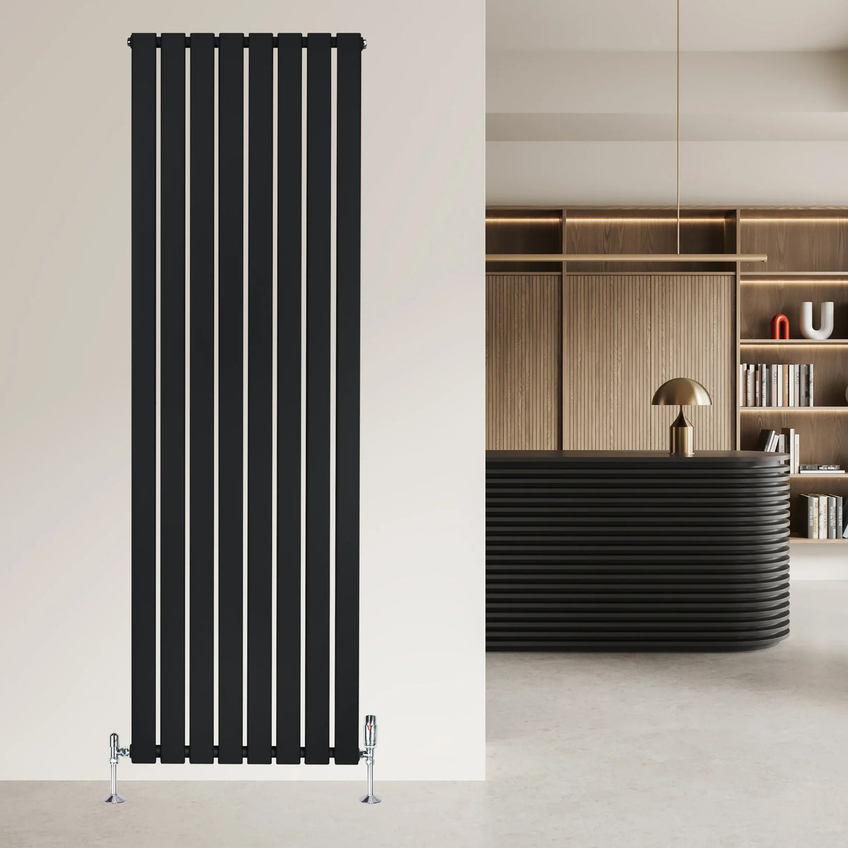 Flat single column radiator in sleek black finish, measuring 1800 x 560mm, mounted on a modern wall in a stylish interior setting