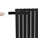 Flat black single column radiator, 1800 x 560mm, showcasing sleek vertical lines and a hand adjusting the top for easy control