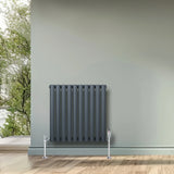 Oval single column radiator in anthracite grey, featuring a sleek design, mounted on a wall with a modern interior backdrop