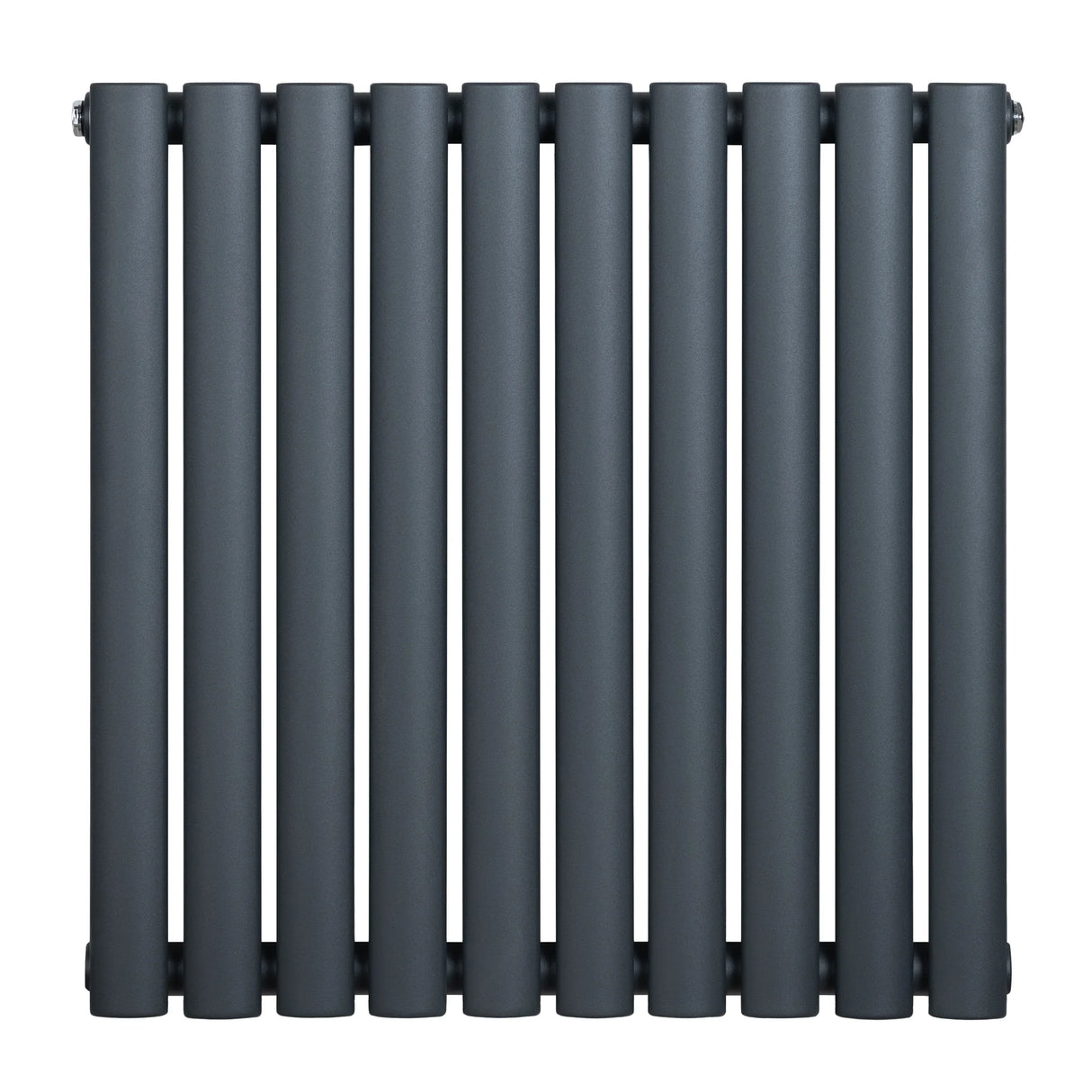 Oval single column radiator in anthracite grey, featuring a sleek, modern design with smooth, rounded tubes and a compact 600 x 600mm size