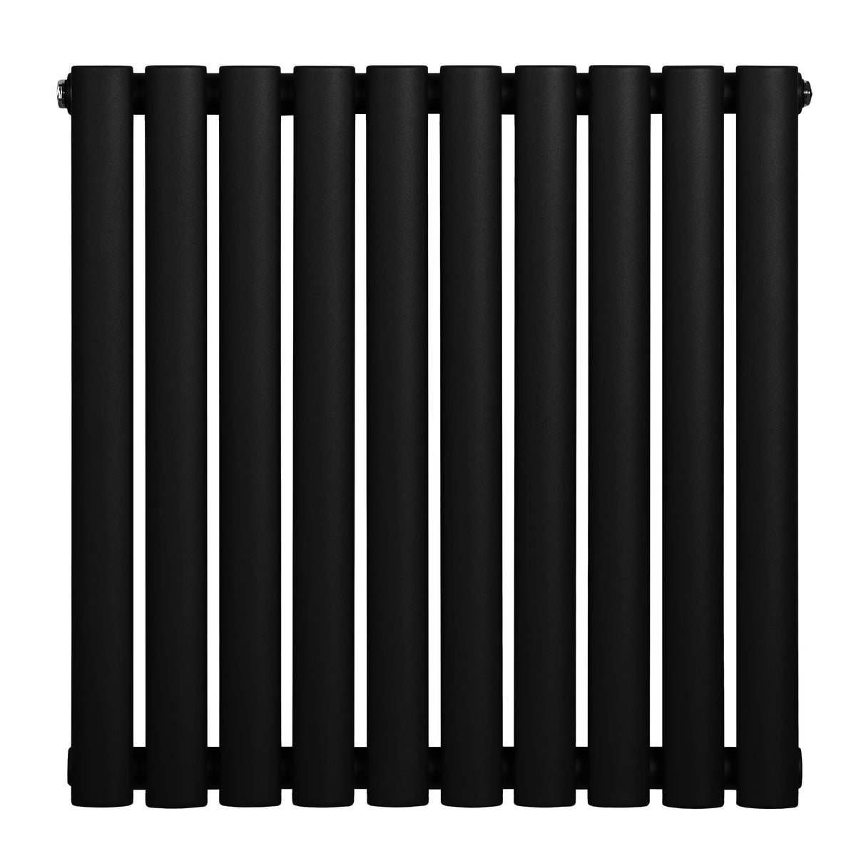 Sleek black oval single column radiator with a modern design, featuring smooth, rounded tubes and a matte finish, measuring 600 x 600mm