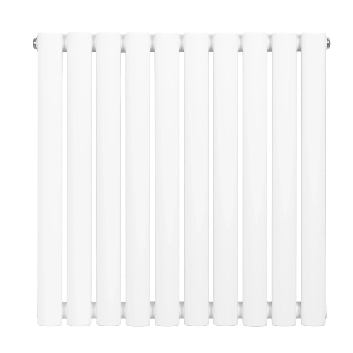Oval single column radiator in sleek white finish, featuring smooth, rounded tubes and a compact 600 x 600mm design for modern spaces