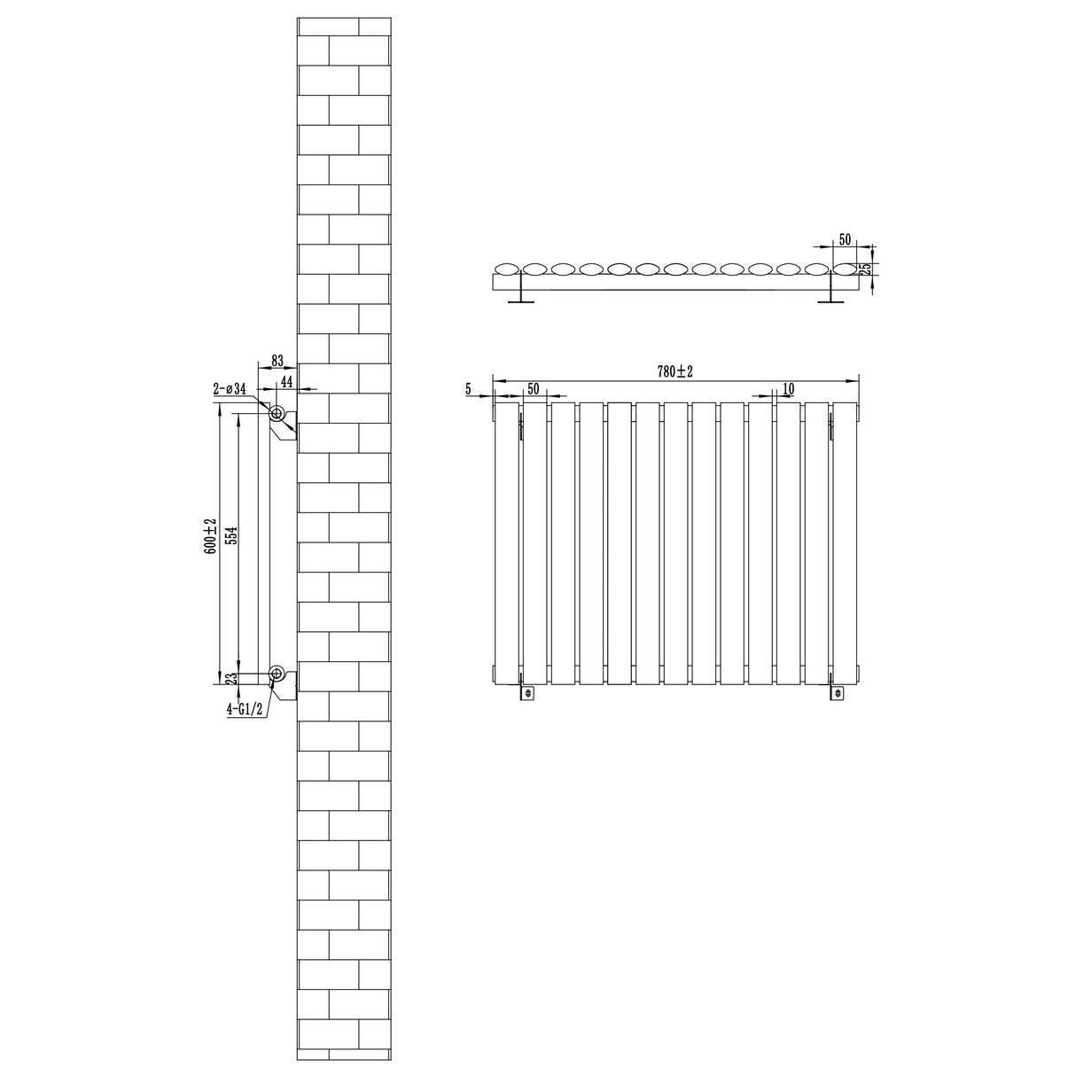 Oval single column radiator in anthracite grey, featuring a sleek design with rounded edges and detailed dimensions for installation