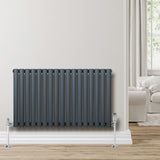 Oval single column radiator in anthracite grey, featuring sleek vertical bars and polished chrome valves, mounted on a light wall