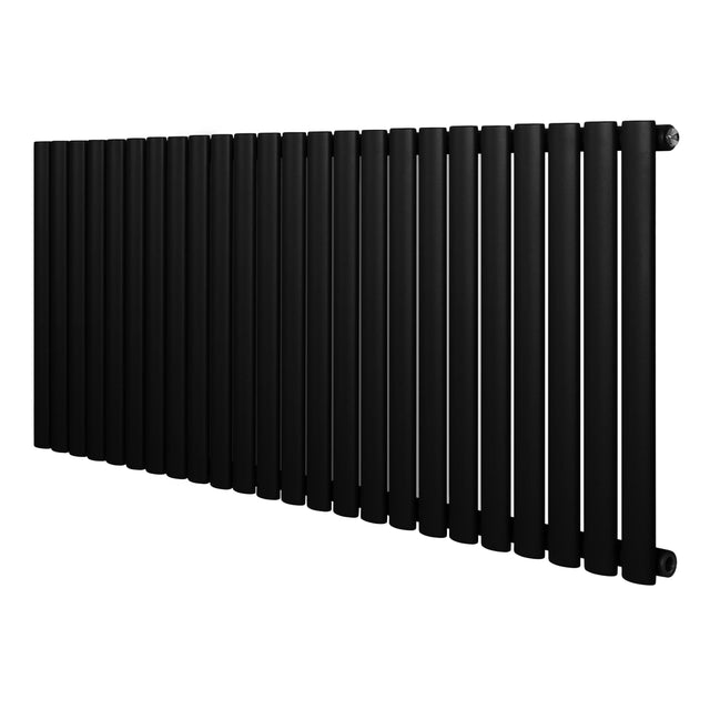 Sleek black oval single column radiator, 600 x 1440mm, featuring a modern design with smooth, matte finish and elongated vertical bars