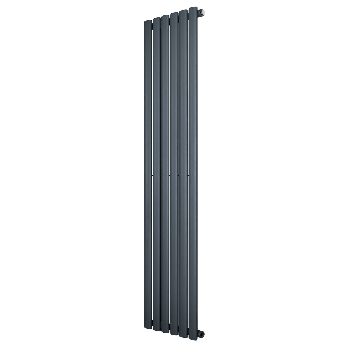Oval single column radiator in anthracite grey, 1600 x 360mm, featuring a sleek, modern design with smooth, vertical lines and a matte finish