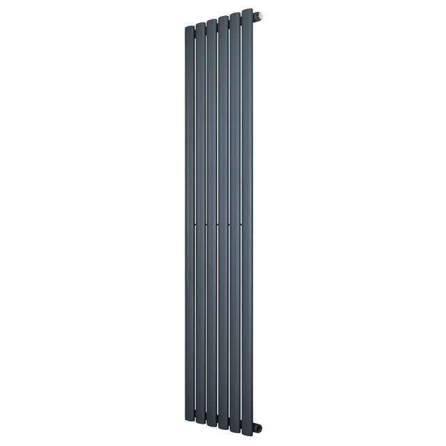 Oval single column radiator in anthracite grey, 1600 x 360mm, featuring a sleek, modern design with smooth, vertical lines and a matte finish