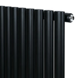 Sleek black oval single column radiator with smooth cylindrical tubes, measuring 1600 x 360mm, ideal for modern interiors