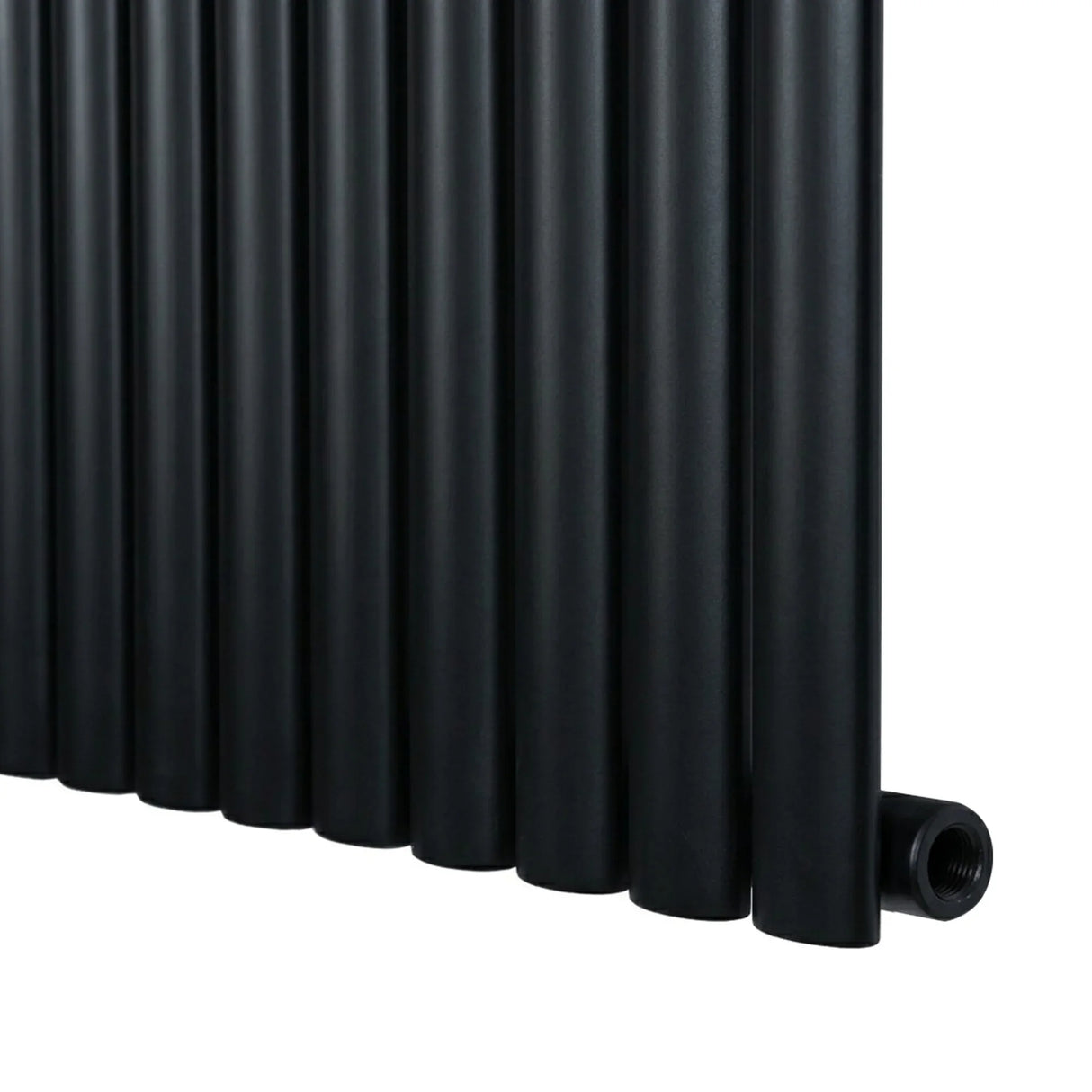 Sleek black oval single column radiator, 1600 x 360mm, featuring smooth, matte finish and rounded edges for modern interiors