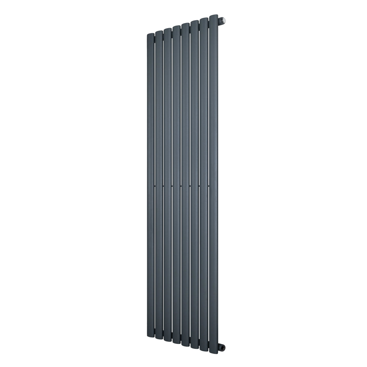 Oval single column radiator in anthracite grey, 1600 x 480mm, featuring a sleek, modern design with vertical lines and a smooth finish