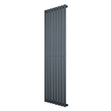 Oval single column radiator in anthracite grey, 1600 x 480mm, featuring a sleek, modern design with vertical lines and a smooth finish
