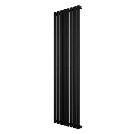 Sleek black oval single column radiator, 1600 x 480mm, featuring a modern design with smooth surfaces and vertical lines