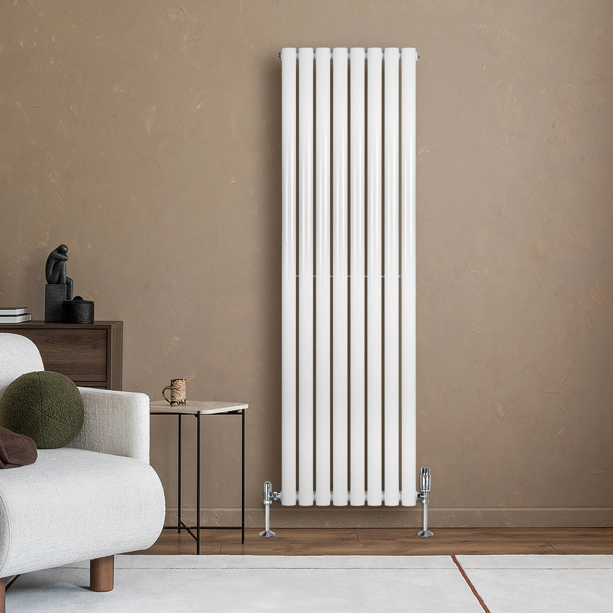 Sleek white oval single column radiator, 1600 x 480mm, mounted on a textured wall, complementing modern living room decor