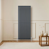 Oval single column radiator in anthracite grey, featuring vertical bars, sleek design, and mounted against a light wall in a modern room setting