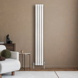 Sleek white oval single column radiator, 1800 x 240mm, mounted on a textured wall, complementing modern living room decor