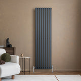 Anthracite grey oval single column radiator, 1800 x 480mm, mounted on a textured wall, complements modern living room decor