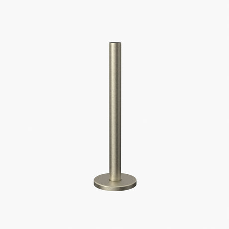Satin brass radiator pipe and collar set, featuring a sleek cylindrical shape with a smooth, brushed texture and a sturdy round base