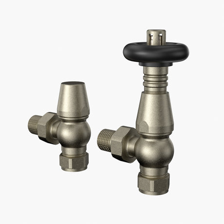 Brass plumbing valves with a sleek metallic finish, featuring a black rubber handle for easy grip and control