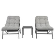 Stylish 3 piece bistro set featuring two grey cushioned chairs and a sleek black metal side table, perfect for outdoor relaxation