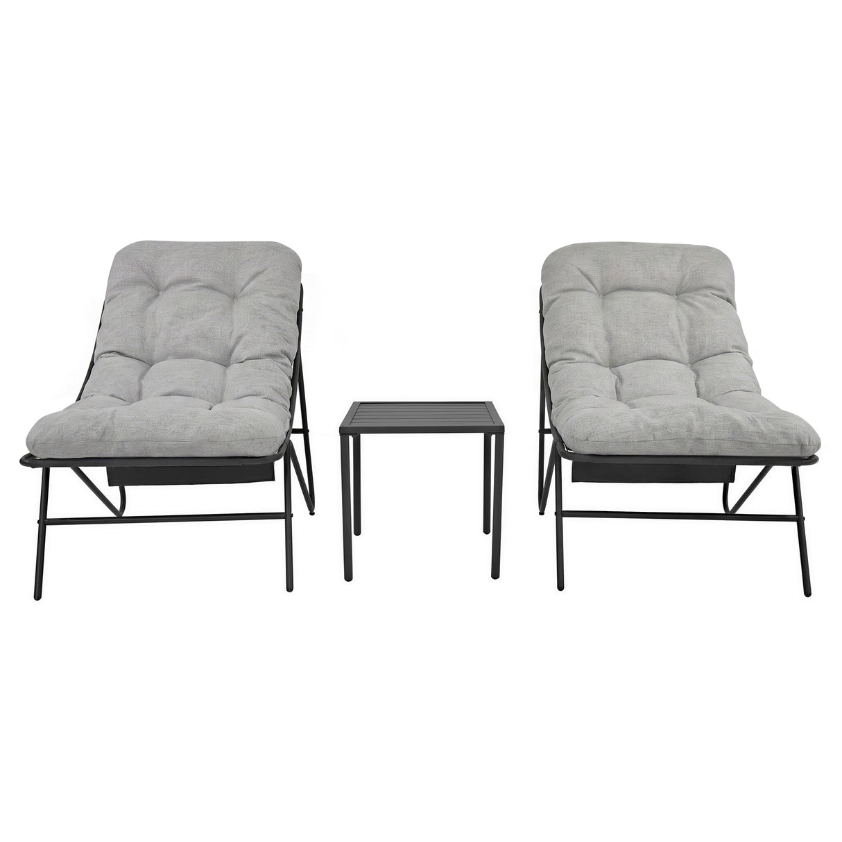 Stylish 3 piece bistro set featuring two grey cushioned chairs and a sleek black metal side table, perfect for outdoor relaxation