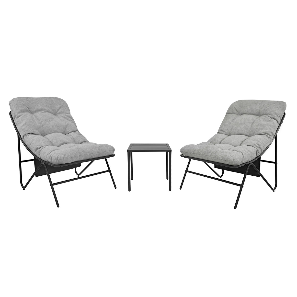 Stylish 3-piece bistro set featuring two grey cushioned chairs with black metal frames and a sleek glass-top table