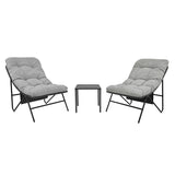 Stylish 3-piece bistro set featuring two grey cushioned chairs with black metal frames and a sleek glass-top table