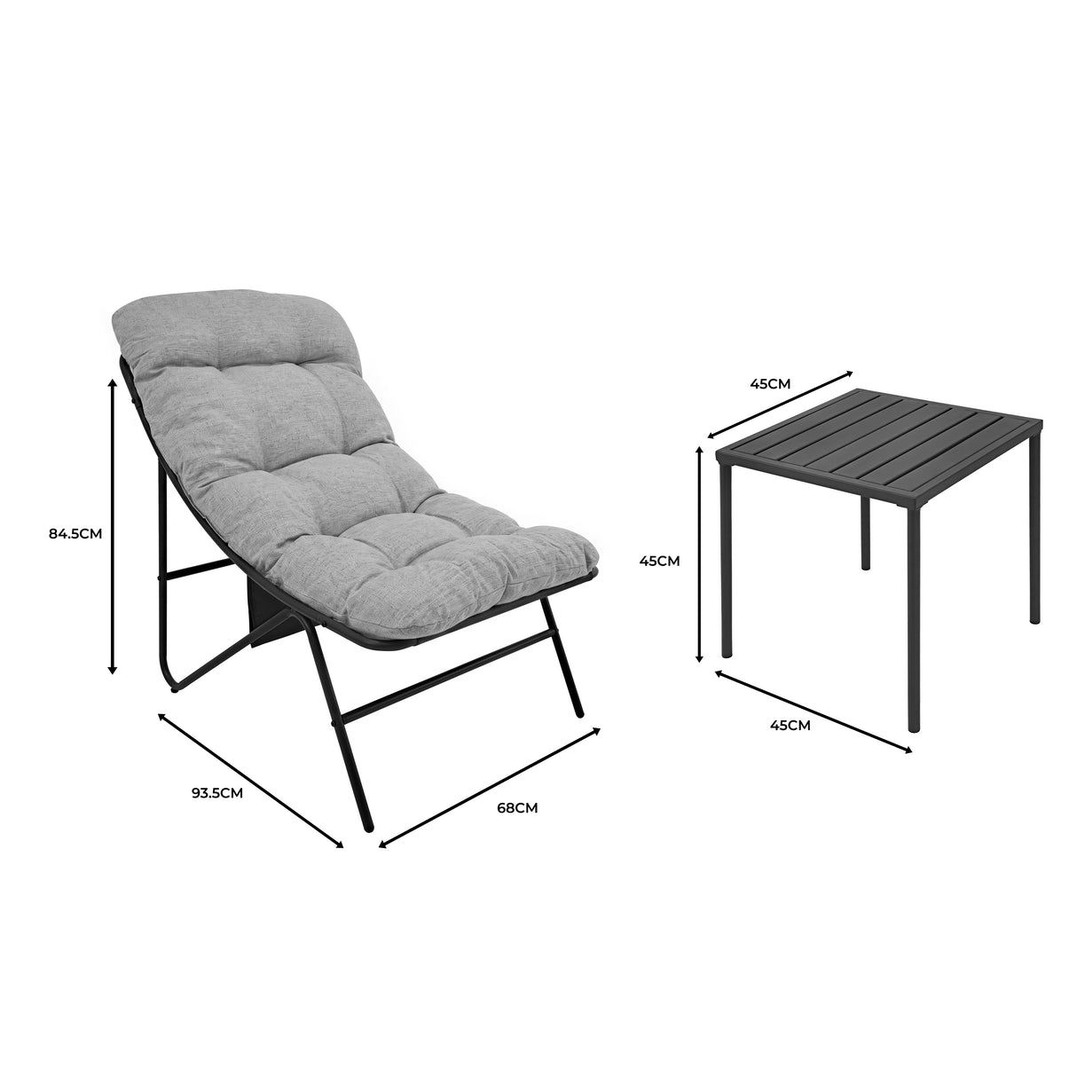 Stylish grey 3-piece bistro set featuring a cushioned chair and a sleek metal table, perfect for outdoor dining or relaxation