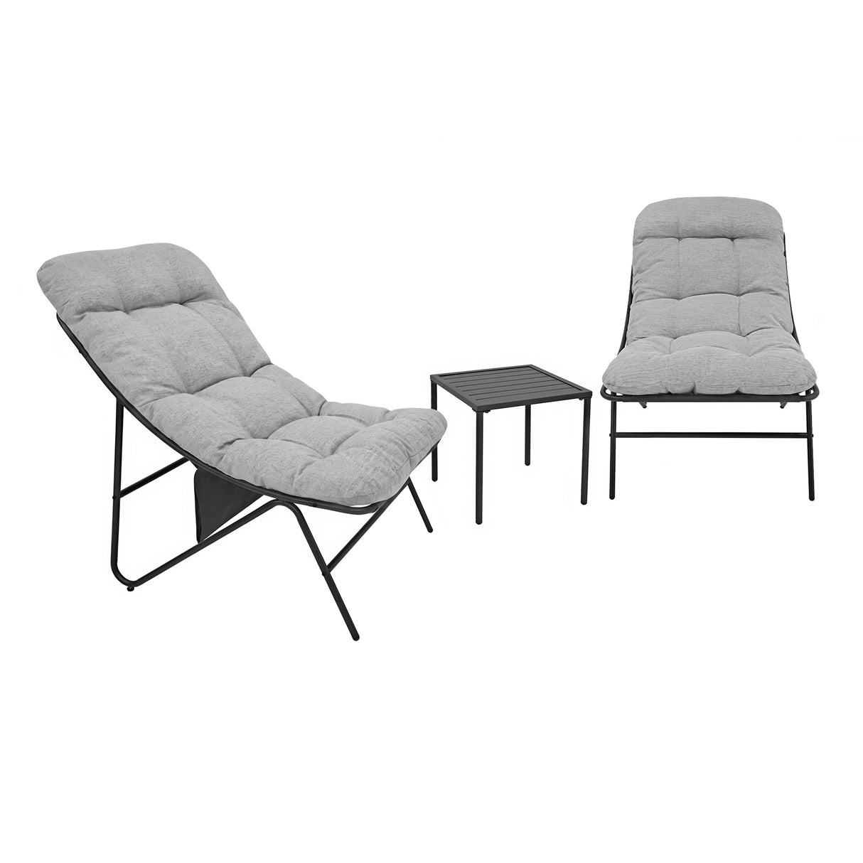 Stylish 3-piece bistro set featuring two grey cushioned chairs with a sleek black metal frame and a matching side table