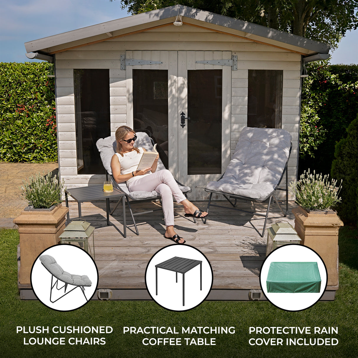 Stylish grey 3-piece bistro set featuring plush cushioned lounge chairs and a matching coffee table, perfect for outdoor relaxation