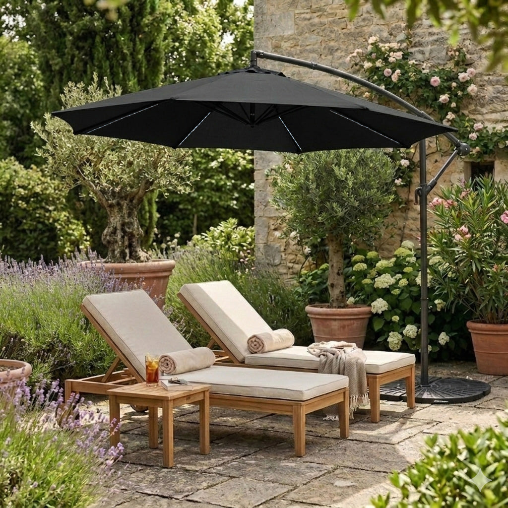 LED Cantilever Parasol 3m With Full Fan Base – Black