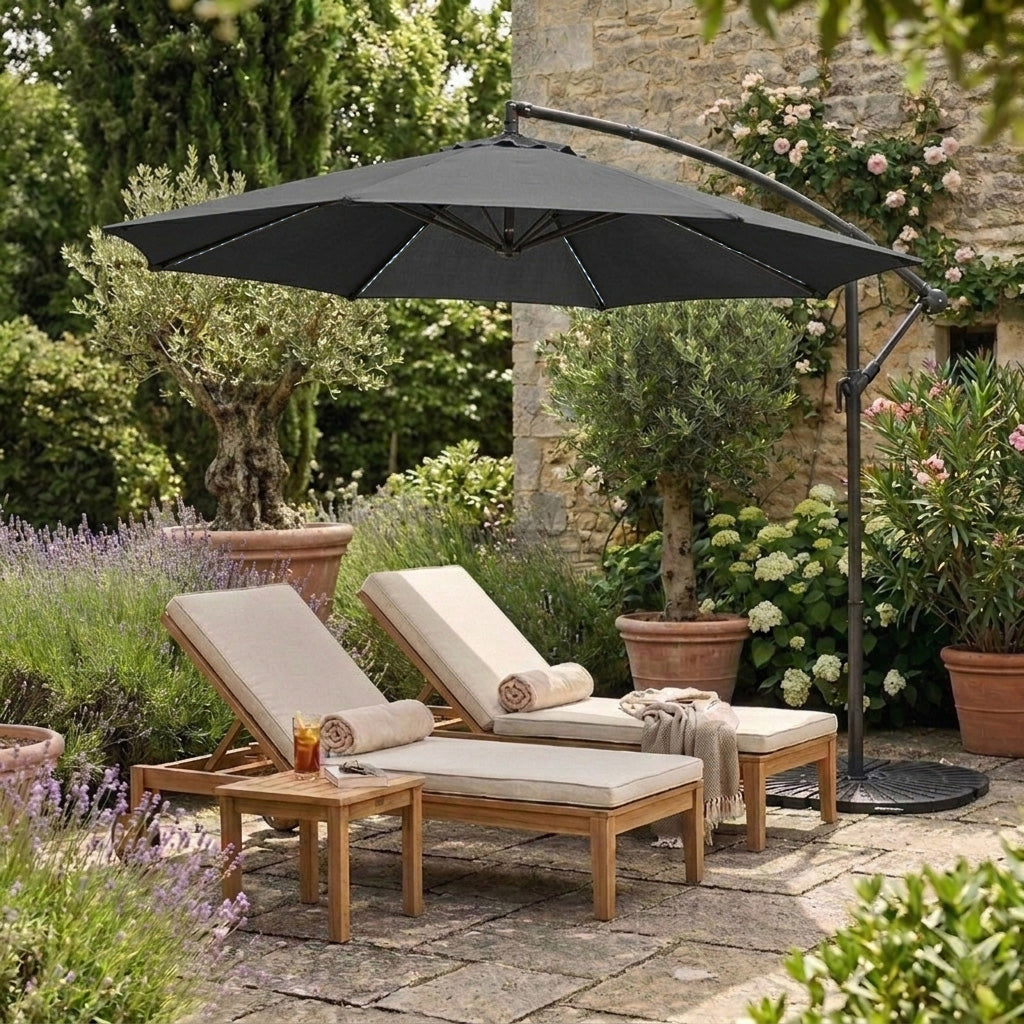 LED Cantilever Parasol 3m With Full Fan Base – Grey
